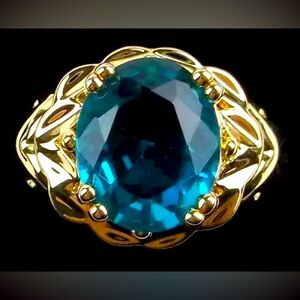 New Designer Gold Over Sterling Silver Ocean Blue Stone Ring size 10